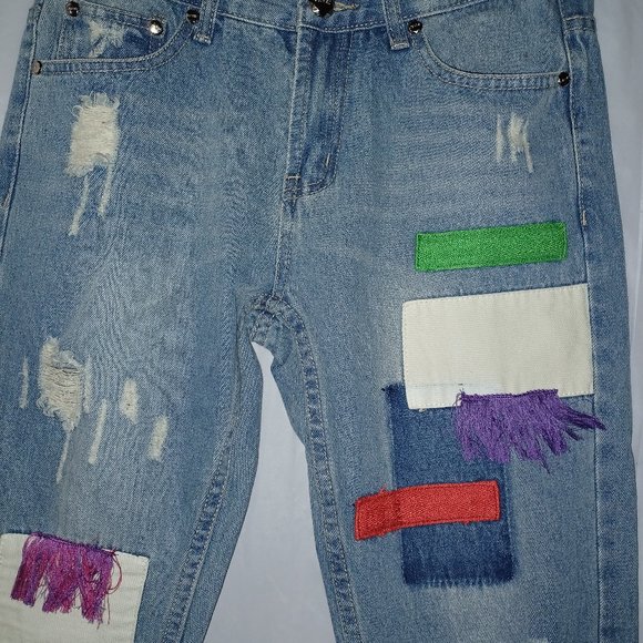 MIQISI PATCHWORK DISTRESSED DENIM JEANS - Picture 1 of 12